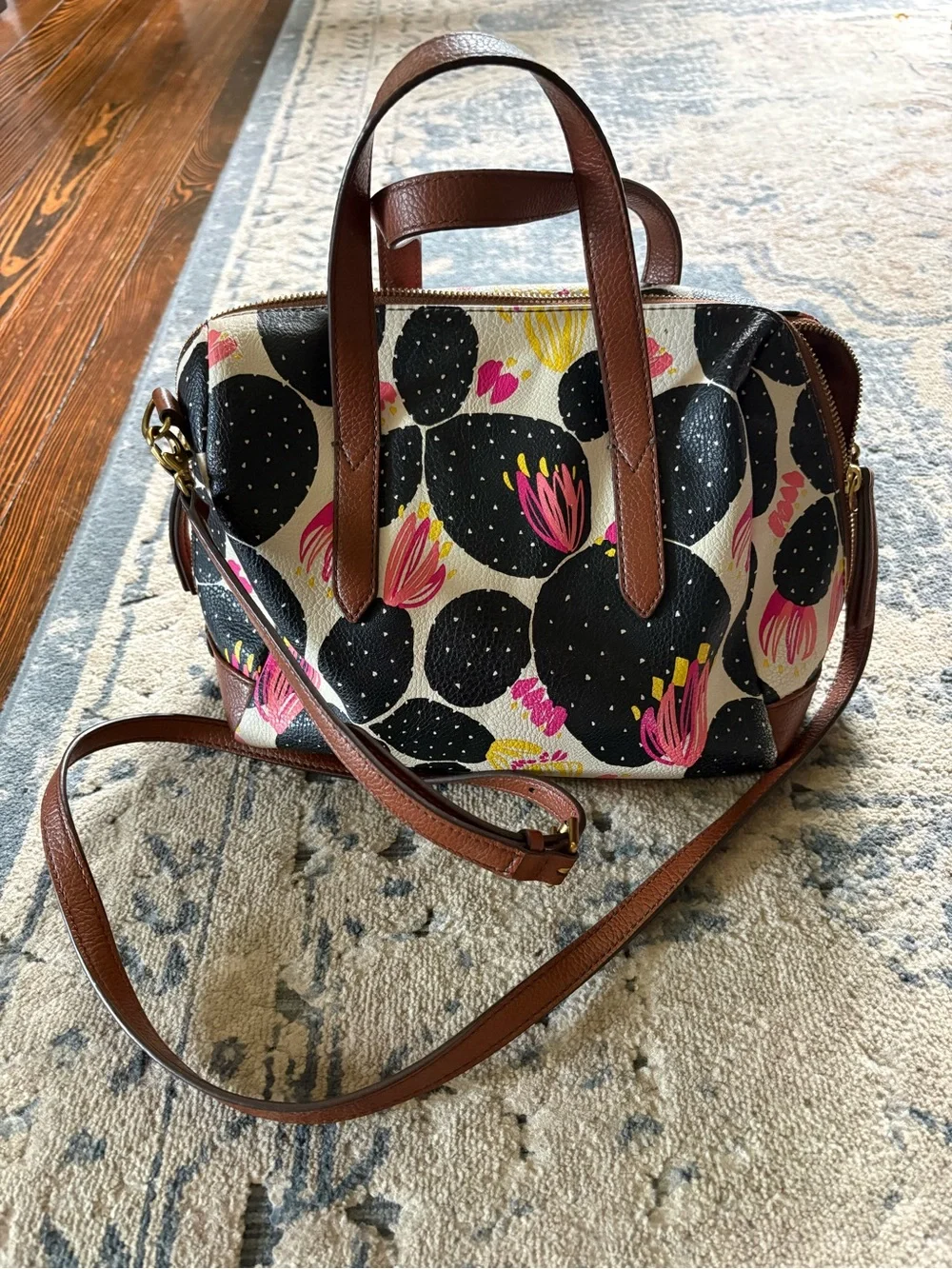 Fossil Black, Pink & Yellow Floral Cactus Satchel